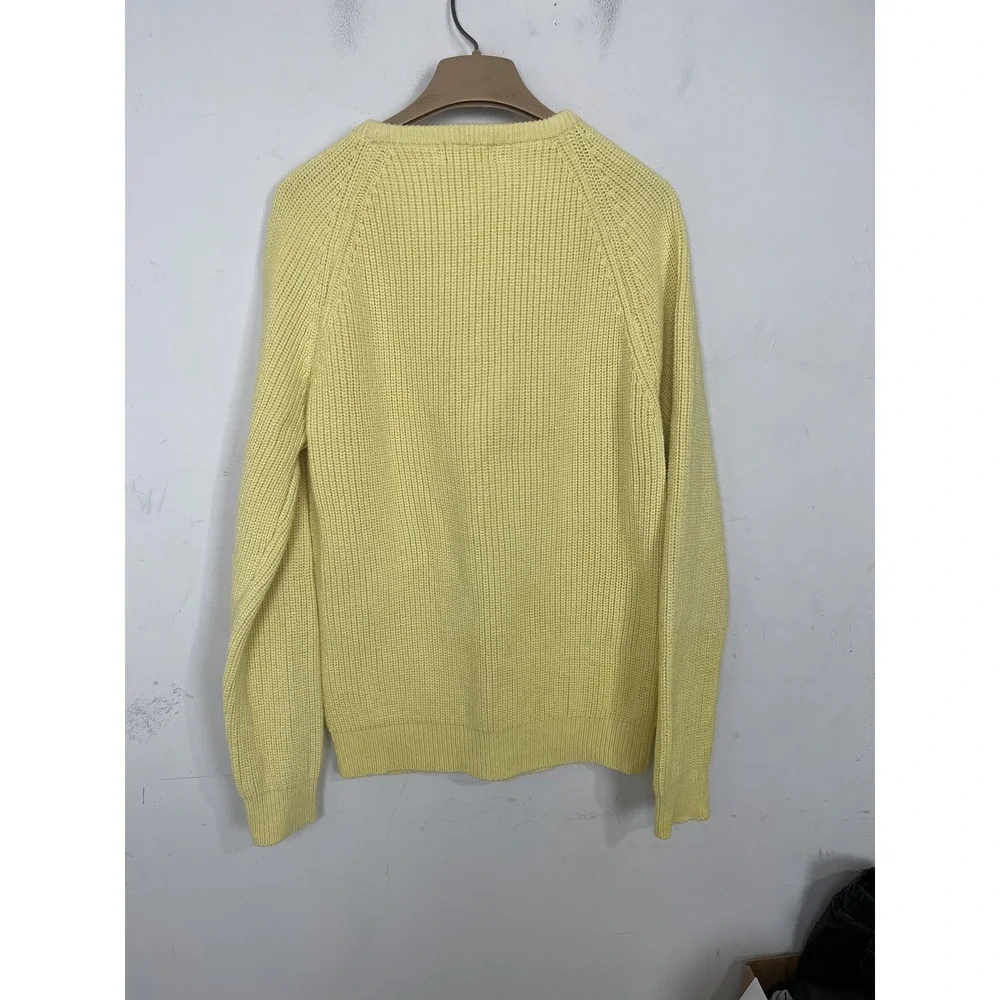 Lands End Mens Sweater Large Fisherman Cotton Rib Knit Crew Neck Yellow Vintage‎
